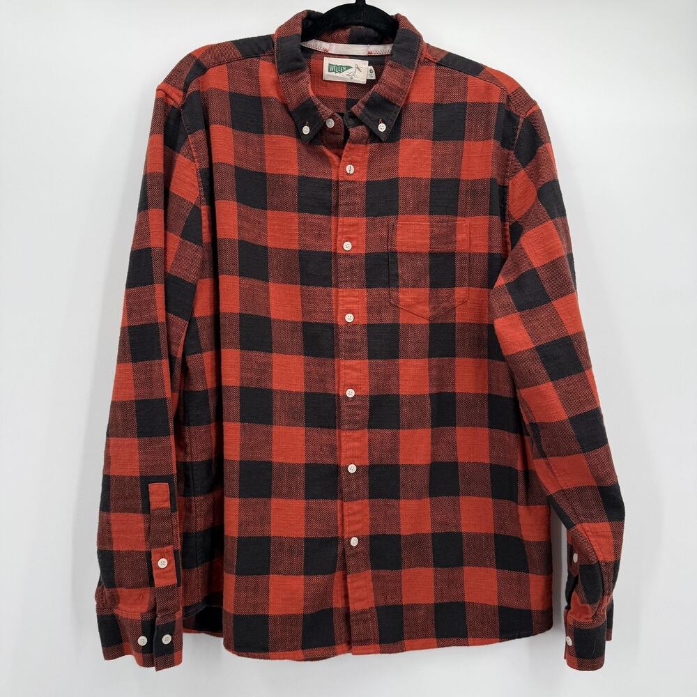 Wellen Shirt Mens XL Orange Black Plaid Flannel Button‎ Down Long Sleeve Casual